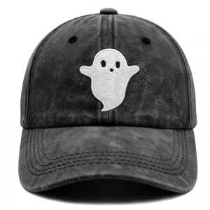 Ghost Hat for Men Women,Embroidered Halloween Spooky Adjustable Washed Baseball Caps Black