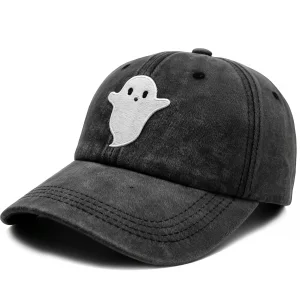 Ghost Hat for Men Women,Embroidered Halloween Spooky Adjustable Washed Baseball Caps Black