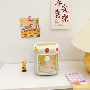 MLAFE Kawaii Pig Pen Holder Cute Cosmetic Storage Bucket Kawaii Multifunctional Storage Bucket Cute Desktop Stationery Bucket (Blue) (DIE072901)