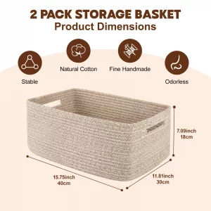 OIAHOMY Storage Basket for Shelves, Closet Cube Storage Bins Baskets for Clothes Blanket Towels, Baby Nursery, Toy Box, Woven Rope Basket, 15.75*11.8
