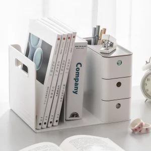 HKeeper White Plastic Desktop Organizer with File slots,3-tier Drawers with Pen Holder,Book Stand for Office Supplies and Desk Accessories (White+Gre