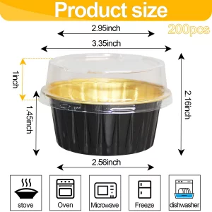 AYSUM 200 Pack Aluminum Foil Cupcake 5oz Disposable Ramekins Baking Cups, Aluminum Cups with Lids Muffin Liners Mini Pie Pans Cake Containers with Li