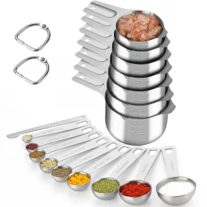 17 Pieces Measuring Cups & Spoons set, 7 Cups, 9 Spoons, 1 Leveler, 18/8 Stainless Steel?Kitchen Gadgets for Cooking & Baking with two Ring Connector