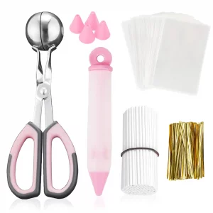 Cake Pop Kit, Including 100 Cake Pop Sticks and Wrappers, 100 Twist Ties, 1 Cake Pop Scooper and Decorating Pen, Cake Pops Making Tools for Lollipop,