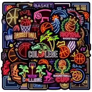 50pcs Neon Basketball Theme Waterproof Vinyl Stickers - Sports Decor & Party Favors Gifts for Laptop, Water Bottle, Skateboard