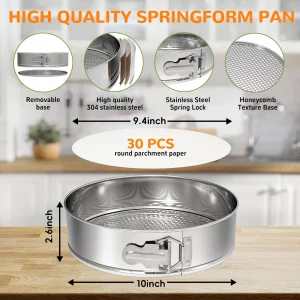 ZeroPone 10 Inch 304 Stainless Steel Springform Pan with Removable Bottom, Nonstick Round Spring Form Cheesecake Pan with 30 Pcs Parchment Paper Line