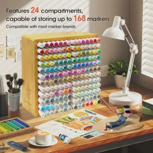 TIKSPCAE Marker Organizer for 168 Markers,Bamboo Wooden Desk Storage Organizer Rack,Markers Pens Pencils Art Brushes Storage Holder for Home Classroo