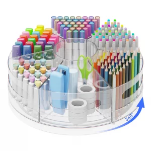 CraftGenes Pen Organizer for Desk - Acrylic Pen Holder with Hand Grips, 360 Extra Large Rotating Desk Organizer with 7 Removable Compartments for Of