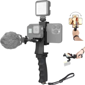 2in1 Ergonomic Portable Action Camera+Smartphone SYN Hand Grip Stabilizer Combo Mount Video Vlogging Rig Holder Kit for GoPro iPhone Interview Travel