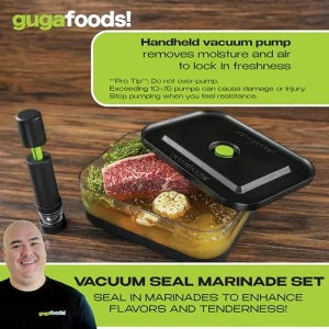Guga Foods Vacuum Seal Marinade Container Set, Air Sealed Pump, Removes Air for Quick Marination, Barbecue & Grilling Marinator