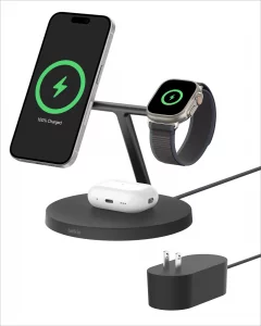 Belkin MagSafe-Compatible Charger, 3-in-1 Wireless Charging Station, Qi2-Certified 15W Wireless Charge for Apple iPhone 17 Series, Apple Watch, AirPo