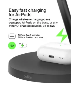 Belkin MagSafe-Compatible Charger, 3-in-1 Wireless Charging Station, Qi2-Certified 15W Wireless Charge for Apple iPhone 17 Series, Apple Watch, AirPo