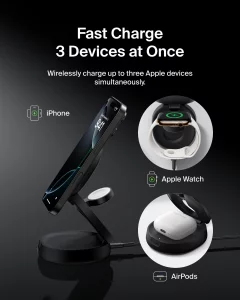 Belkin MagSafe Charger Compatible, 3-in-1 Qi2 15W Wireless Charging Station, Convertible Wireless Charger for iPhone 17, Apple Watch, AirPods, Pixel 