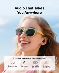 Belkin SoundForm Anywhere Wireless EarBuds, IPX4 Waterproof Bluetooth Earphones, Long-Lasting Comfort, Compact Case with Keyring for iPhone, iPad, Ta