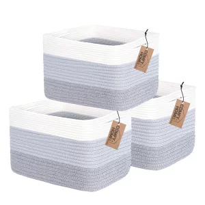 COMFY-HOMI 3PACK Cotton Rope Woven Basket With Handles for Shelves, Toy, Book, Cloth Storage Basket for Organizing|13.5