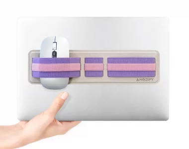 AMOZIFY 3-Slot Band Stick-On Laptop Organizer  Adhesive Elastic Storage, Mouse Holder for Laptop Stick on & External Hard Drive Holder (Purple-Pink)