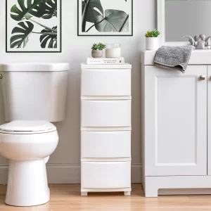 IRIS USA Plastic Drawer Storage Organizer, 4-Drawers, for Classroom Art Supplies Bathroom Dorm Bedroom Laundry Room, Slim Narrow, White Frame with Ma