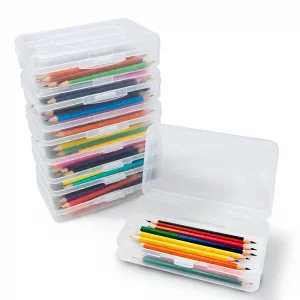 Slomg 6 Pack Plastic Pencil Case Box, Clear Large Capacity Hard Pen Organizer, Stackable Storage Containers with Snap Lids, Bulk Craft Boxes for Cray