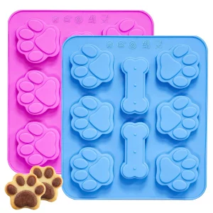 2 Pack Silicone Molds with Puppy Dog Paw and Bone Shaped 2 in 1, Reusable Non-Stick Ice Cube Trays & Flexible Candy Chocolate Molds for Homemade Dog 