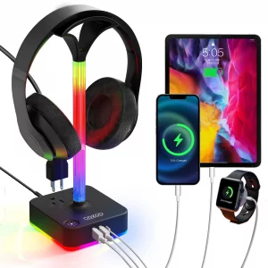 cozoo RGB Headphone Stand with Charger 3 USB Ports and 2 AC Outlets,2 USB-A 1 Type C,Desk Gaming Headset Holder with 9 Light Modes,PC Gaming Desk Acc