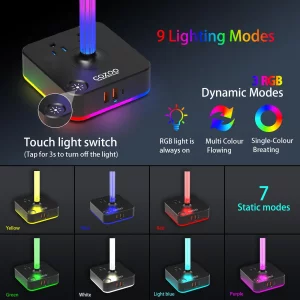 cozoo RGB Headphone Stand with Charger 3 USB Ports and 2 AC Outlets,2 USB-A 1 Type C,Desk Gaming Headset Holder with 9 Light Modes,PC Gaming Desk Acc