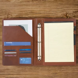Geslun Genuine Leather 3 Ring Binder, 8.5 x 11 Letter Size Folio with Pen Holder, Soft Notebook Portfolio Cover, Slim Notepad Padfolio Thin File Orga