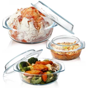 ZYER Round Glass Casserole Dish Set, 3 Sizes (0.65L, 1L, 1.4L) with Glass Lids