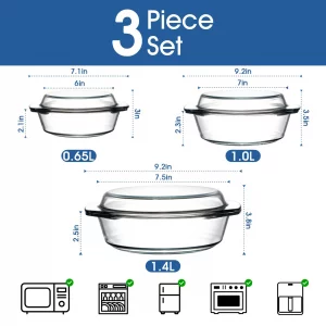 ZYER Round Glass Casserole Dish Set, 3 Sizes (0.65L, 1L, 1.4L) with Glass Lids