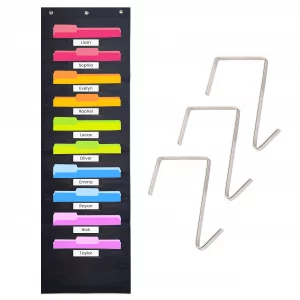 Black Pocket Chart for Classroom - 10 Pocket Storage Rainbow Pocket Charts , 3 Over Door Hangers Included, Hanging Wall File Organizer for File Folde