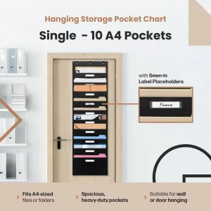 Black Pocket Chart for Classroom - 10 Pocket Storage Rainbow Pocket Charts , 3 Over Door Hangers Included, Hanging Wall File Organizer for File Folde