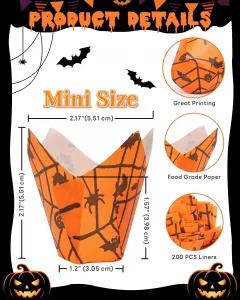 Bake Choice Mini Halloween Tulip Cupcake Liners, 200PCS Mini Muffin Liners for Halloween Party Supplies, Food Grade Cupcake Wrappers, Cupcake Decorat