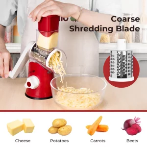 X Home Rotary Cheese Grater for Kitchen, Shredder with 3 Interchangeable Blades, Rotary Grater with Handle and Strong Suction Base, for Vegetables, F