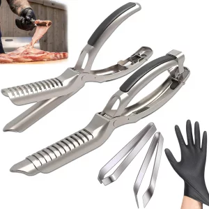 2Pcs Rib Membrane Removal Tools, Rib Prep Tool, Stainless Steel BBQ Rib Skinner with 2Pcs Tweezers Pliers and Gloves, for Easy Rib Skinner, Kitchen G