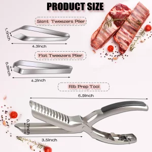 2Pcs Rib Membrane Removal Tools, Rib Prep Tool, Stainless Steel BBQ Rib Skinner with 2Pcs Tweezers Pliers and Gloves, for Easy Rib Skinner, Kitchen G