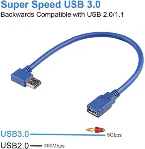 USB 3.0 Extension Cable 1FT 2 Pack 90 Degree Left & Right Angle USB Adapter Male to Female Short USB3 Cables Up & Down for Laptop TV USB Disk Mouse H