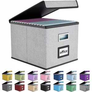 Huolewa Upgraded Portable File Organizer Box with Lid, Collapsible Linen Hanging Filing Storage Boxes with Plastic Slides, Decorative Home/Office Fil