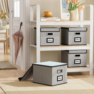 Huolewa Upgraded Portable File Organizer Box with Lid, Collapsible Linen Hanging Filing Storage Boxes with Plastic Slides, Decorative Home/Office Fil