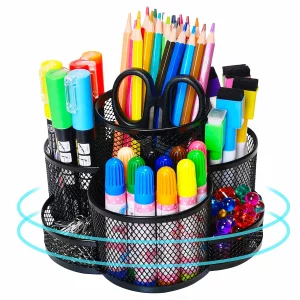 ANSSDO Rotating Pen Holder for Desk, Pencil Holder for Desk, Desktop Office Supplies Storage Organizer Caddy Rack, Black Metal Mesh Office Supplies O