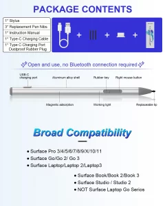 Microsoft Surface Pencil - Stylus for Surface Pro 11/10/X/9/8/7/7+/6/5/Go 3/Go 2/Book/Laptop 5/Studio 2 with 4Nibs, 4096 Pressure Sensitivity Palm Re