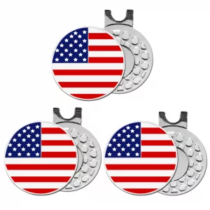 FINGER TEN Golf Ball Markers 3 Pcs with 3 Pack Hat Clip Value Gift Set, Mark Pattern USA, Eagle, Ribbon in Choice for Men Women Kid (3 USA Flag)