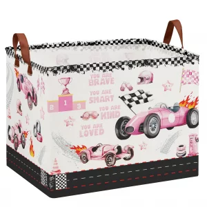 Race Car Storage Basket, 36L Vintage Pink Laundry Hamper for Baby Girls, Collapsible Tire Toy Box, Kids Organizer for Toy Car Stuffed Animals Towels 