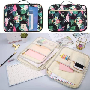 JAKAGO A4 Travel Portfolio Multifunctional Document Organizer Zippered Case for Office Supplies (Flamingo)
