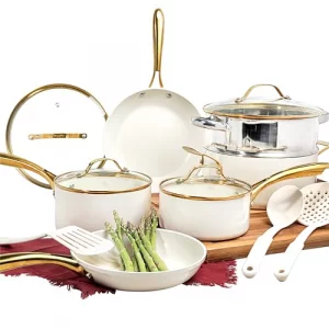 GOTHAM STEEL 15 Pc Ceramic Cookware Set, Ceramic Pots and Pans Set Non Stick with Cooking Utensils and Steamer, Non Toxic PFOA PFOS Free, Premium Gol