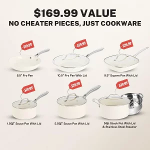 Gotham Steel 12 Pc Ceramic Cookware Set Nonstick, Ceramic Pots and Pans Set Non Stick with Steamer for Cooking, Non Toxic PFOA PFOS Free, Premium Sta