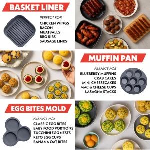 Gourmia Air Fryer Accessories Set - 3 Piece Silicone, Liner, Egg Bite Cooker, 7-Hole Cupcake Mold, BPA-Free, Nonstick, Heat Resistant 445F, Dishwash