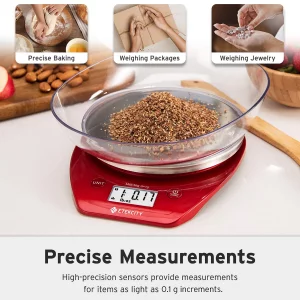 Etekcity 0.1g Food Kitchen Scale, Bowl, Digital Grams and Ounces for Weight Loss, Dieting, Baking, Cooking, and Meal Prep, 11lb/5kg, Stainless Steel 