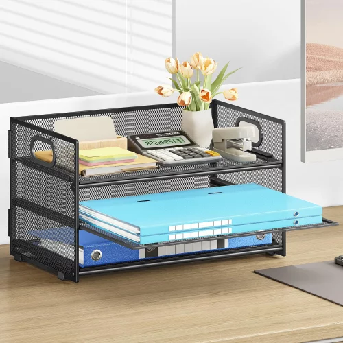 Subekyu 3 Tier Paper Letter Tray Organizer for Desk, Black Metal Mesh ...