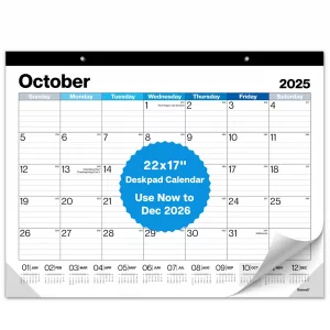 Dunwell 22x17 Desk Calendar 2025-2026, Use Now to Dec 2026, as Large Hanging Wall Calendar or Big Monthly Desktop Blotter, Lined Daily Blocks, Easy t