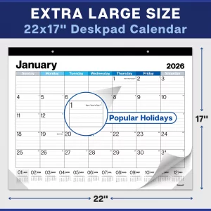 Dunwell 22x17 Desk Calendar 2025-2026, Use Now to Dec 2026, as Large Hanging Wall Calendar or Big Monthly Desktop Blotter, Lined Daily Blocks, Easy t