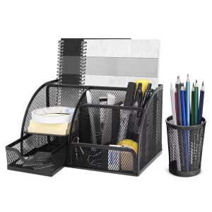 Flexzion Desk Caddy Organizer Set (Black) - Metal Mesh Desktop Caddy with Drawers, 6 Compartments, and Pencil Holder for Women & Men - Desktop Organi